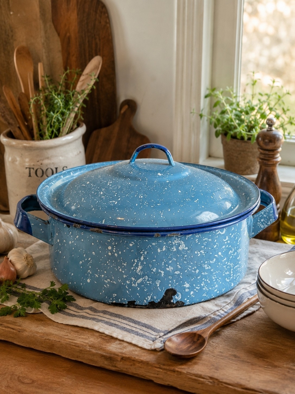 Blue Speckled Enamel Dutch Oven with Lid - Home Kitchen Decor Vintage